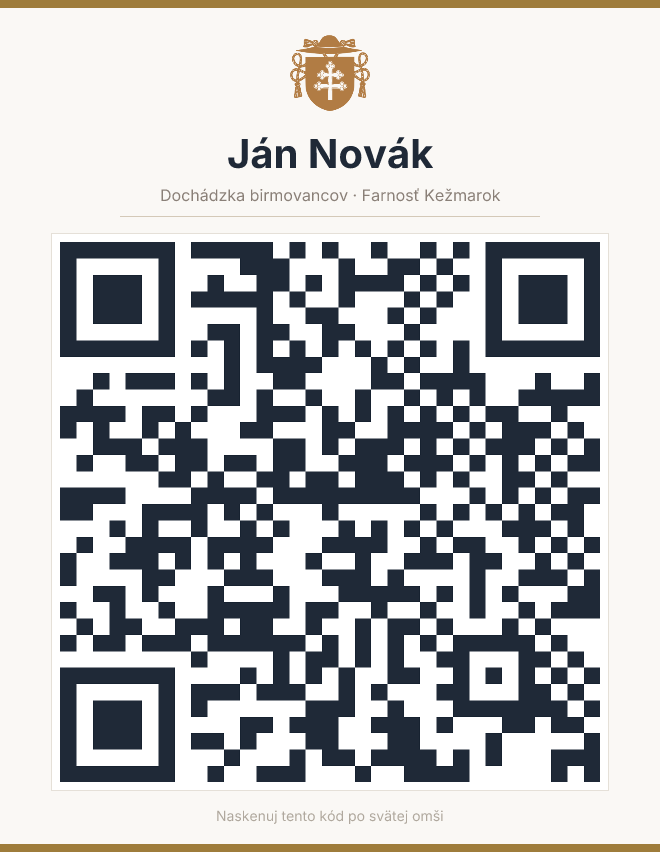 Obrázok s QR kódom, ako prichádza e-mailom: erb farnosti, meno birmovanca a QR kód